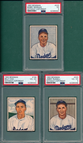 1950 Bowman Lot of (3) Dodgers W/ #222 Morgan PSA *No Copyright*