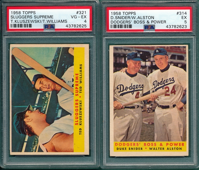 1958 Topps #314 Dodger's Boss & Power W/ Snider & #321 Sluggers Supreme W/ Ted Williams, Lot of (2), PSA 