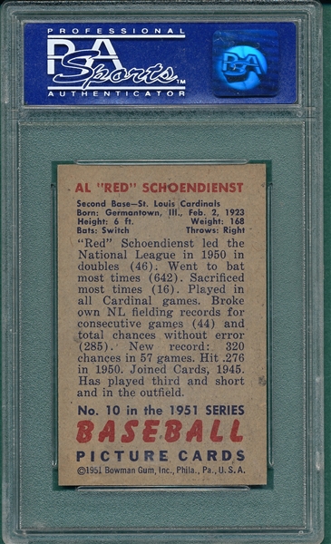 1951 Bowman #10 Red Schoendienst PSA 8