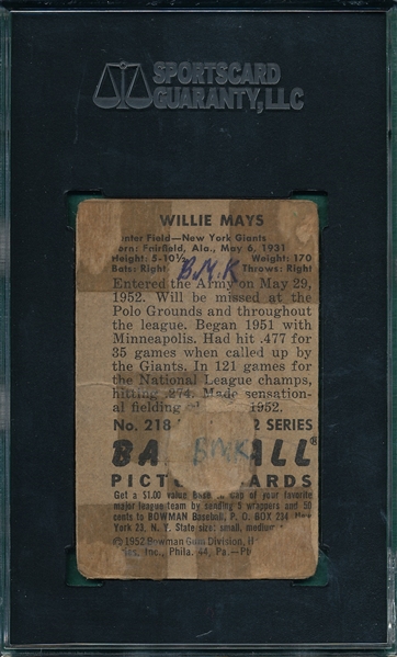 1952 Bowman #218 Willie Mays SGC 1