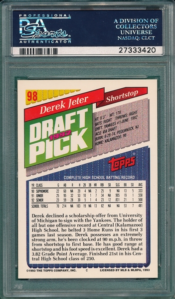 1993 Topps #98 Derek Jeter PSA 9 *MINT* *Rookie*