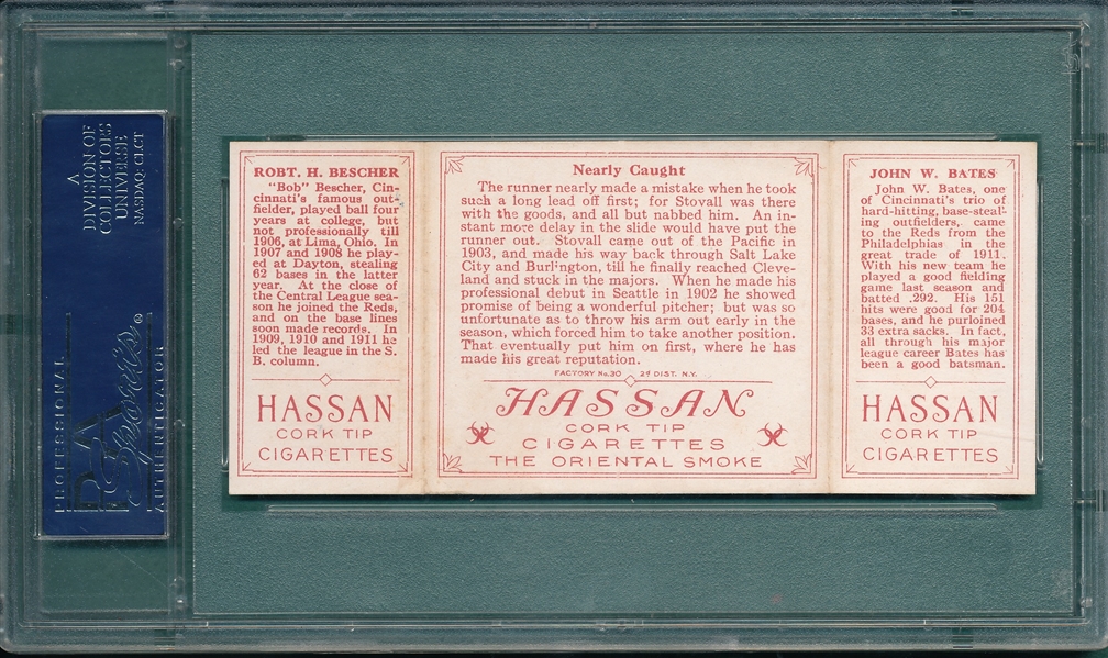 1912 T202 Nearly Caught, Bates/Bescher, Hassan Cigarettes, PSA 5