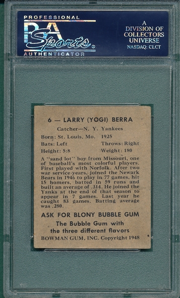 1948 Bowman #6 Yogi Berra PSA 1 *Rookie*