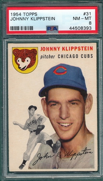 1954 Topps #31 Johnny Klippstein PSA 8