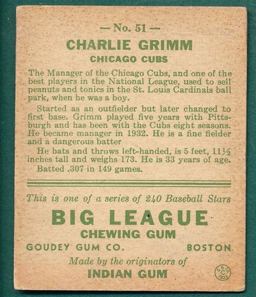 1933 Goudey#51 Charlie Grimm