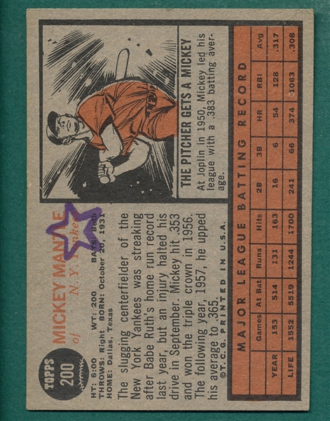 1962 Topps #200 Mickey Mantle *Stamped*