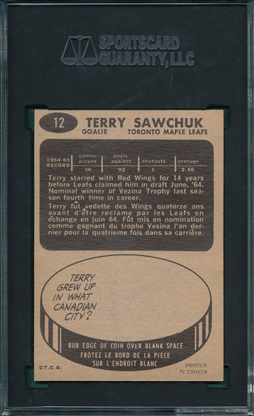 1965 Topps HCKY #17 Terry Sawchuk SGC 7.5