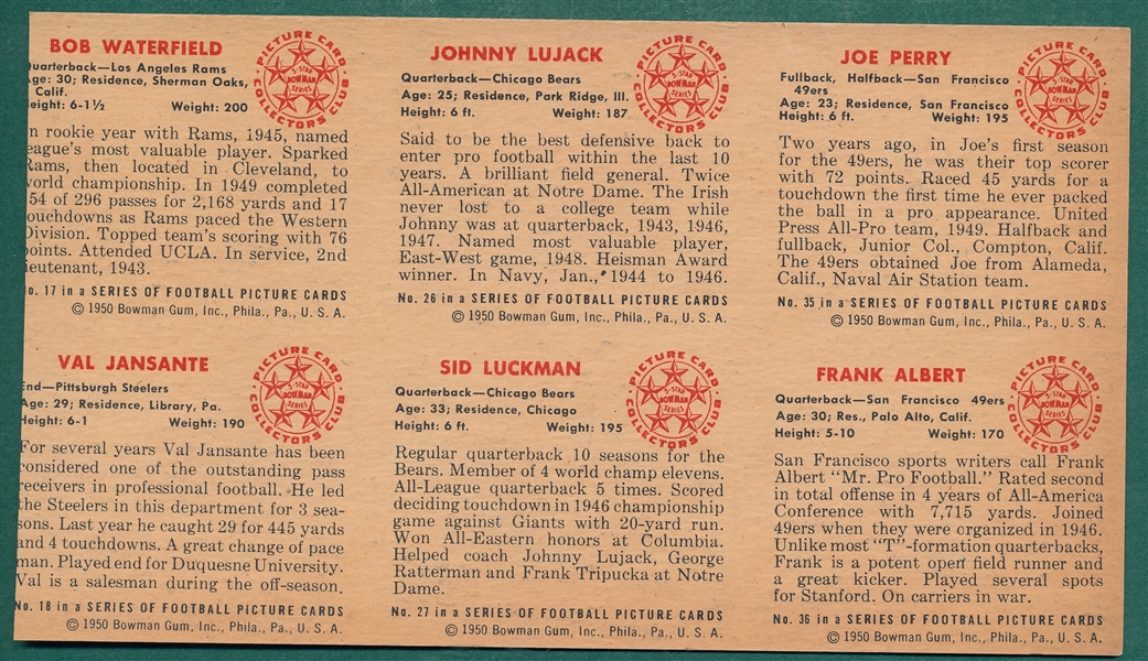 1950 Bowman Football Six Card Panel W/ Waterfield