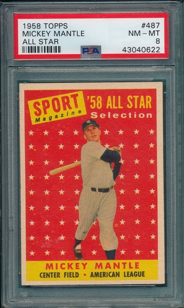 1958 Topps #487 Mickey Mantle, AS, PSA 8