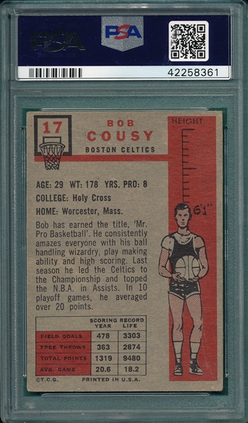 1957 Topps BSKT #17 Bob Cousy PSA 2 *Rookie*