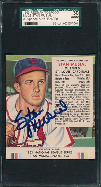 1953 Red Man #26 Stan Musial SGC 30/Authentic *Autographed*