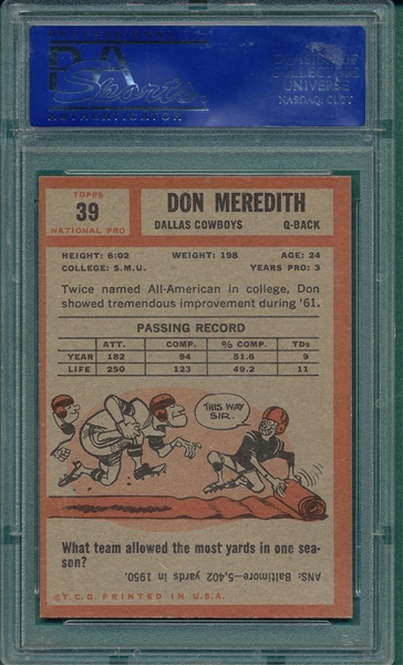 1962 Topps FB #39 Don Meredith PSA 7 *SP*