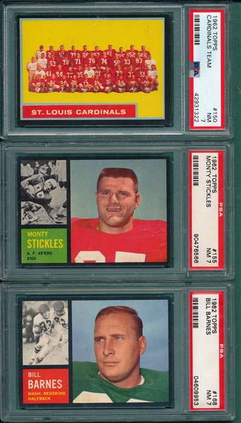 1962 Topps FB #150 Cardinals, #155 Stickles & #168 Barnes, Lot of (3) PSA 7