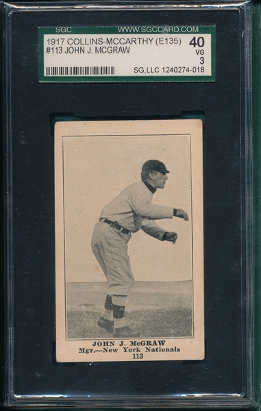 1917 E135 #113 John McGraw, Collins-McCarthy SGC 40