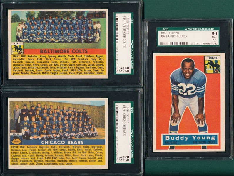 1956 Topps FB #48 Colts, #96 Young & #119 Bears, Lot of (3) SGC 86