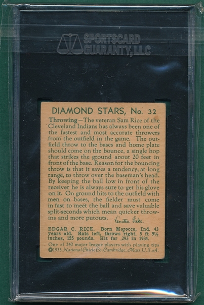 1934-36 Diamond Stars #32 Sam Rice SGC 70