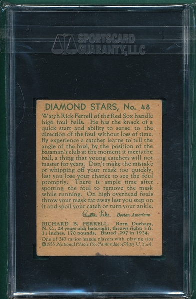1934-36 Diamond Stars #48 Rick Ferrell SGC 60