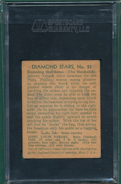 1934-36 Diamond Stars #21 Johnny Vergez SGC 50