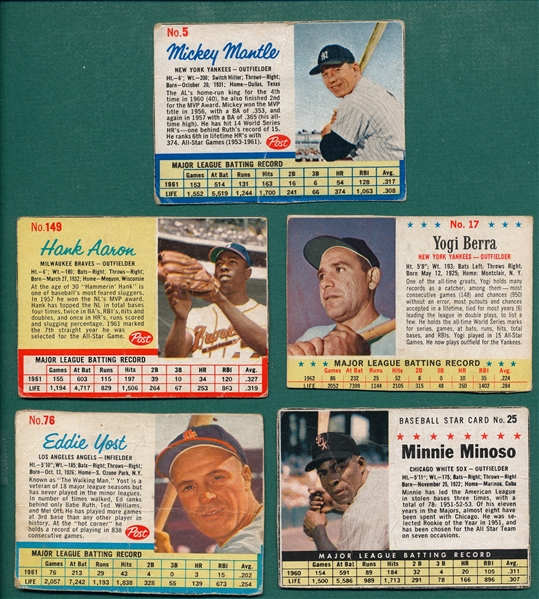 1961-63 Post Cereal Lot of (5) W/ 1962 Aaron & Mantle