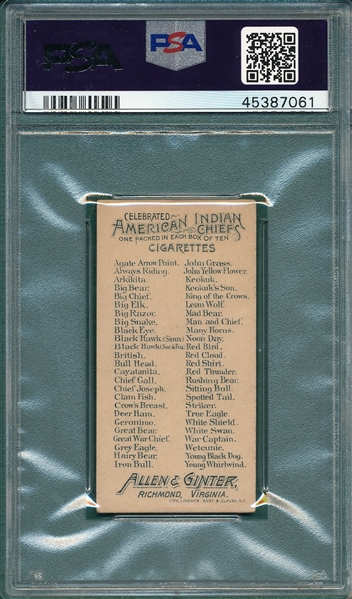 1888 N2 Rushing Bear, Indian Chiefs, Allen & Ginter Cigarettes PSA 4