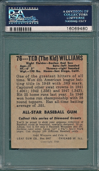 1948 Leaf #76 Ted Williams PSA 4 *Centered*