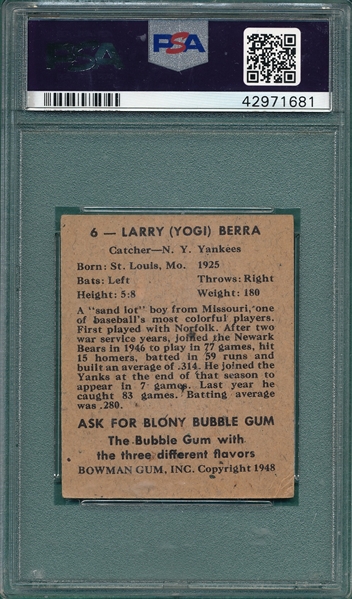 1948 Bowman #6 Yogi Berra, Signed, PSA 2.5/ Authentic *Rookie* 
