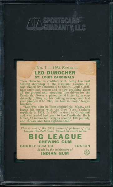 1934 Goudey #7 Leo Durocher SGC 1 *Presents Much Better*