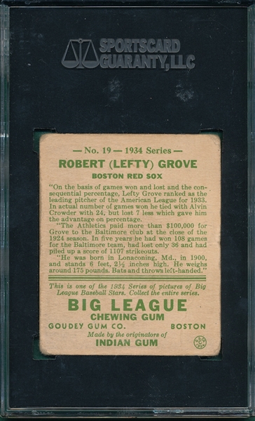 1934 Goudey #19 Lefty Grove SGC 30 