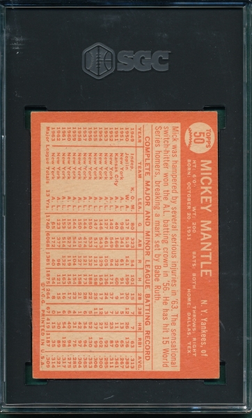 1964 Topps #50 Mickey Mantle SGC 5