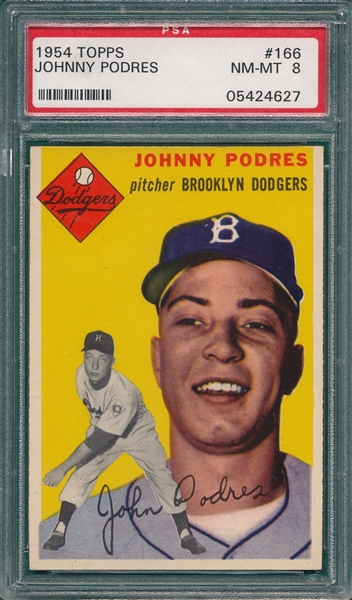 1954 Topps #166 Johnny Podres PSA 8