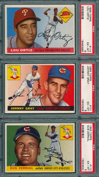 1955 Topps #101 Gray, #110 Zernial and #114 Ortiz, Lot of (3), PSA 6