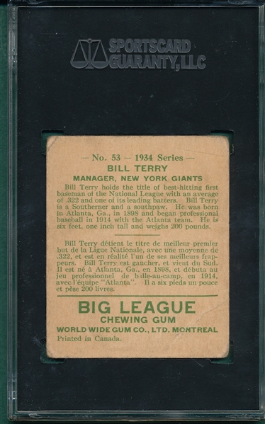 1934 World Wide Gum #53 Bill Terry SGC 30