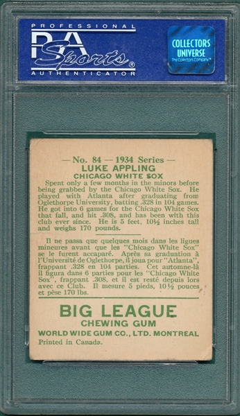 1934 World Wide Gum #84 Luke Appling PSA 3