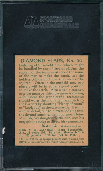 1934-36 Diamond Stars #30 Manush, W On Sleeve, SGC 84
