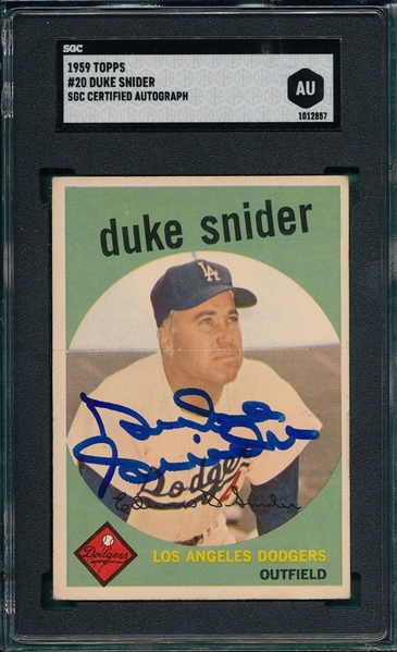 1959 Topps #20 Duke Snider SGC Authentic *Signed*