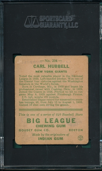 1933 Goudey #234 Carl Hubbell SGC 30