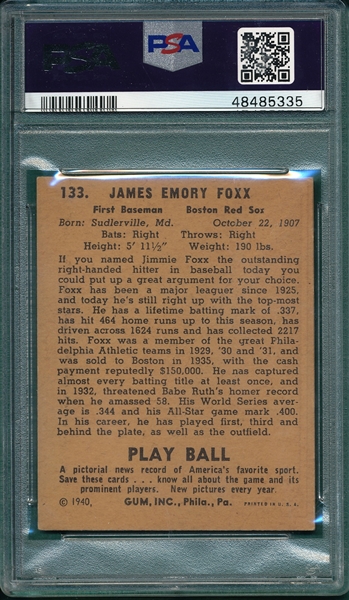 1940 Play Ball #133 Jimmie Foxx PSA 2.5