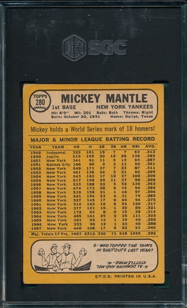 1968 Topps #280 Mickey Mantle SGC 2