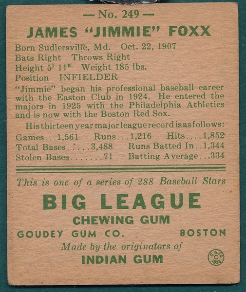 1938 Goudey #249 Jimmy Foxx