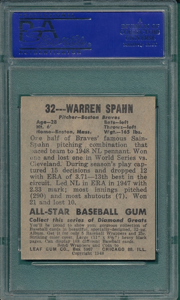 1948 Leaf #32 Warren Spahn PSA 7 *Rookie*
