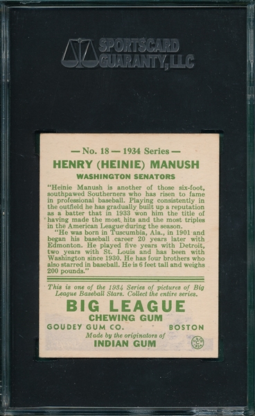 1934 Goudey #18 Heinie Manush SGC 84
