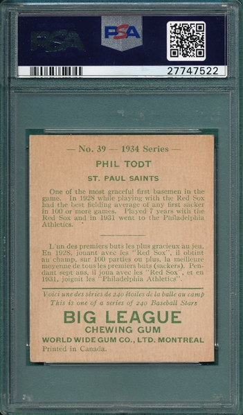 1934 World Wide Gum #39 Phil Todt PSA 3