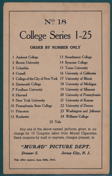 1910 T6 #18 University of Michigan Murad Cigarettes *Football*