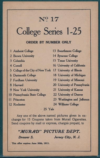 1910 T6 #17 Illinois University Murad Cigarettes *Banner*