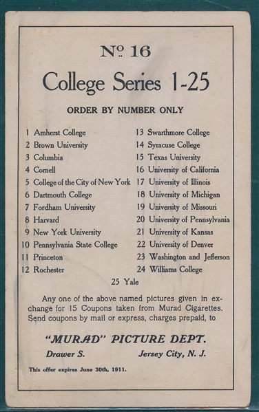 1910 T6 #16 University Of California Murad Cigarettes *Running*