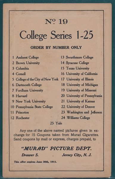 1910 T6 #19 University Of Missouri Murad Cigarettes *Banner*