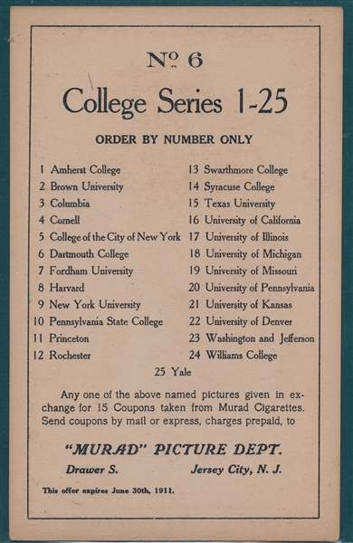 1910 T6 #6 Dartmouth University Murad Cigarettes *Outdoor*