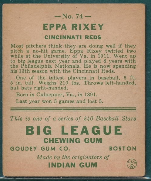 1933 Goudey #74 Eppa Rixey