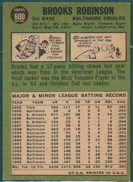 1967 Topps #600 Brooks Robinson, High #, *SP*