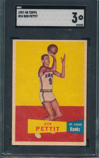1957 Topps Basket #24 Bob Pettit SGC 3 *Rookie*